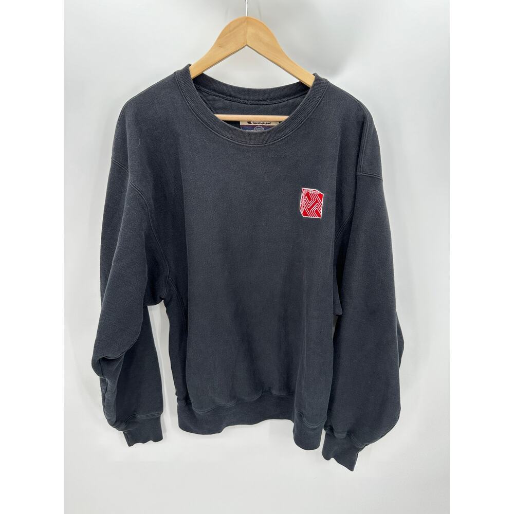 Champion Black Reverse Weave Crewneck Sweatshirt Mens Large Red Block Pullover